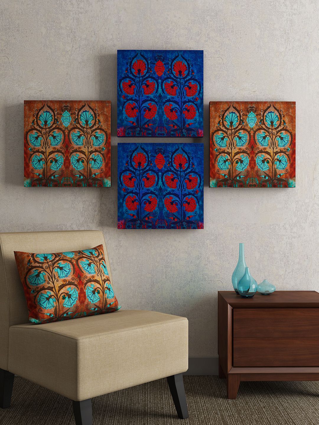 SEJ by Nisha Gupta Blue & Brown Set of 4 Floral Wall Art Price in India