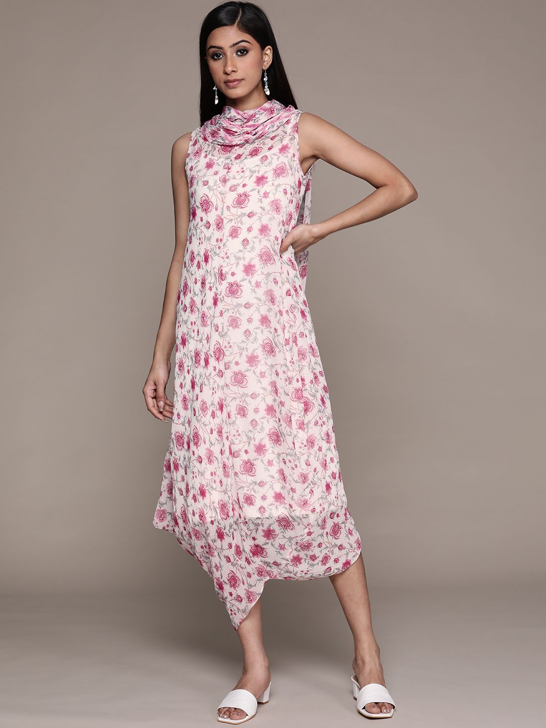 aarke Ritu Kumar White & Pink Floral Cowl Neck Georgette A-Line Midi Dress Price in India