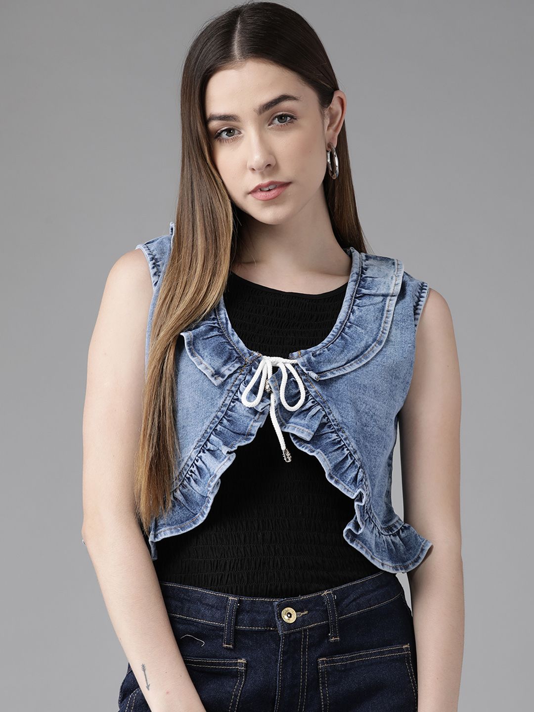 KASSUALLY Women Blue Crop Tie-Up Shrug with Ruffle Detail Price in India