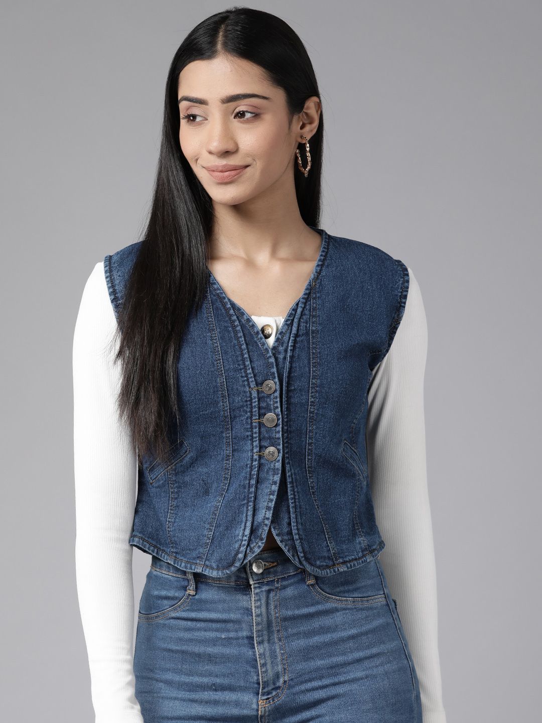 KASSUALLY Women Blue Crop Button Shrug Price in India