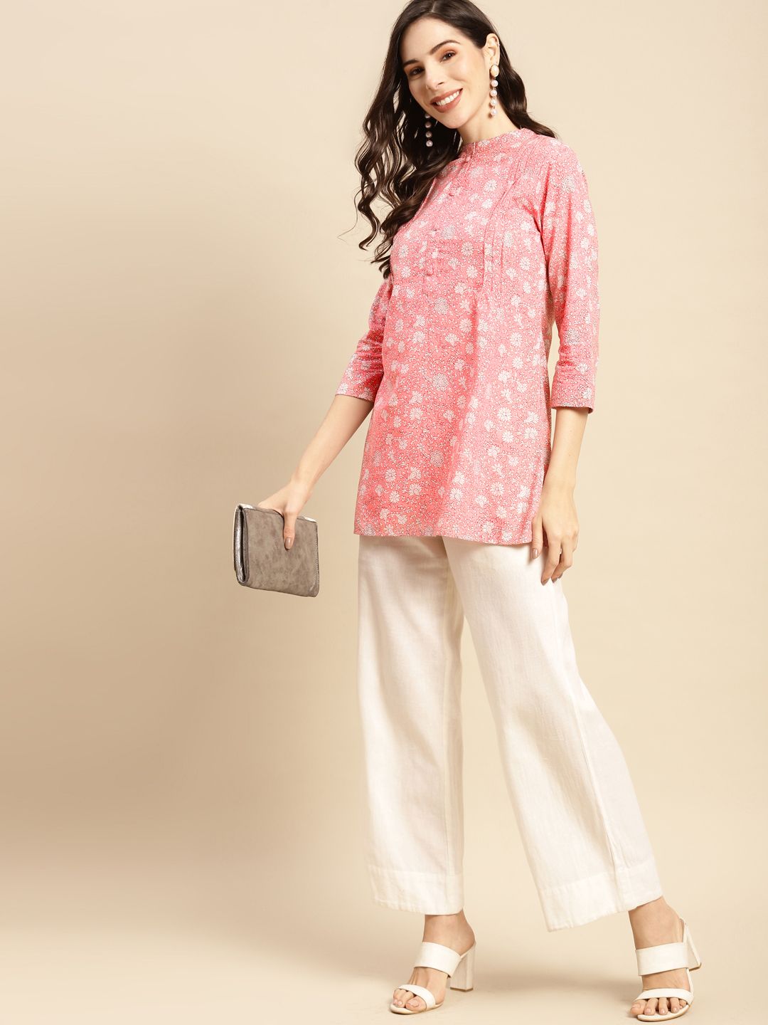 Prakrti Pink & White Ethnic Motifs Printed Pure Cotton Pleated Kurti