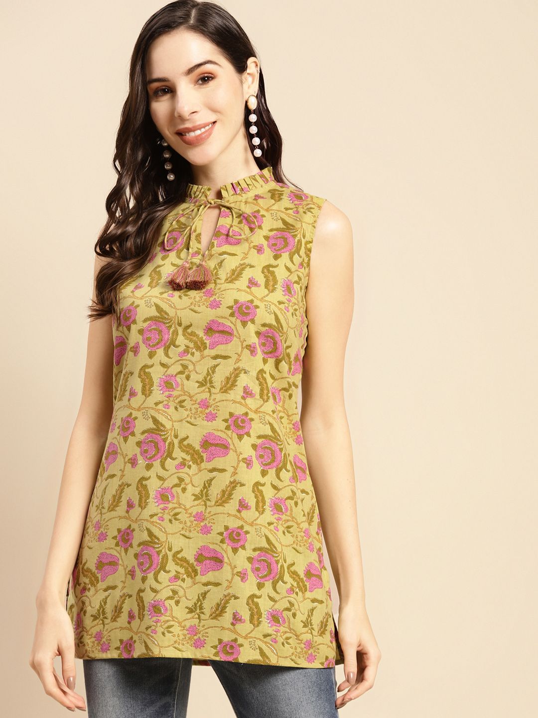 Prakrti Olive Green & Pink Ethnic Motifs Printed Pure Cotton Kurti Price in India