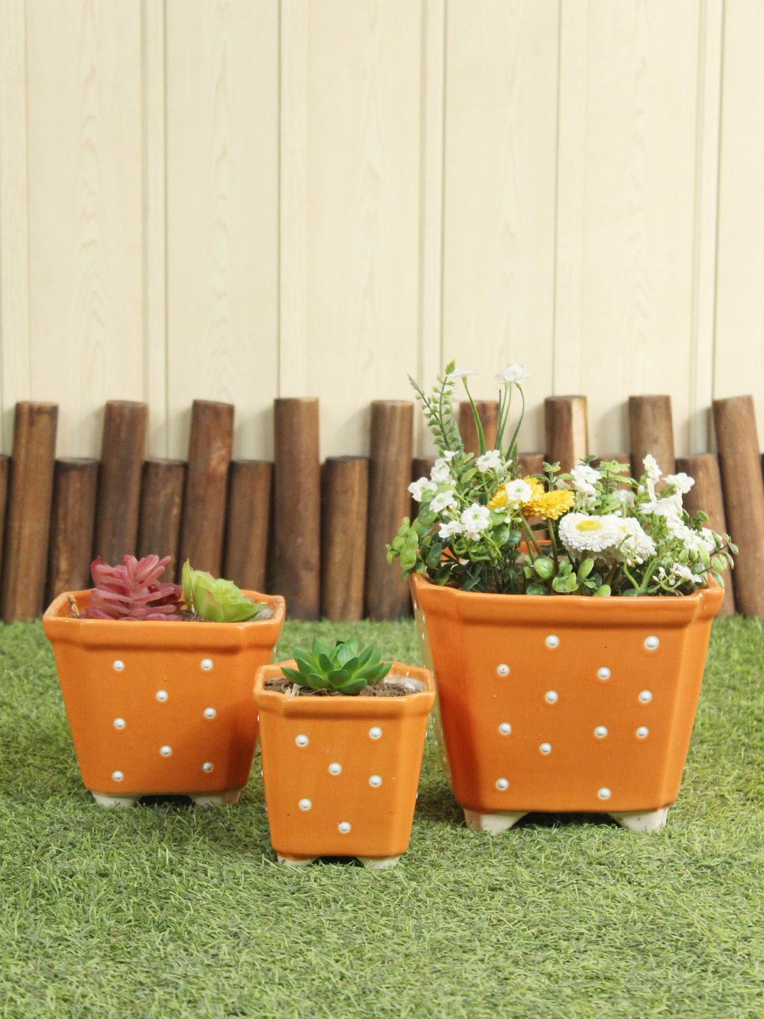 Wonderland Set of 3 Orange Conical Ceramic Flower Planters Price in India