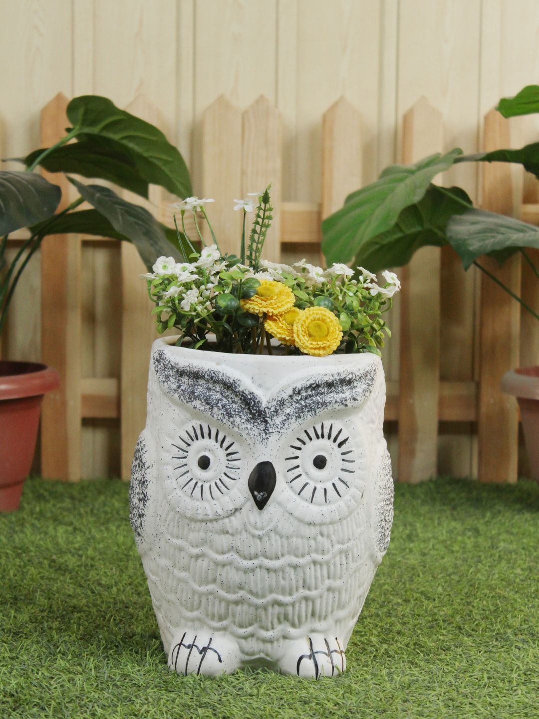 Wonderland White & Black Printed Owl Shape Planter Price in India