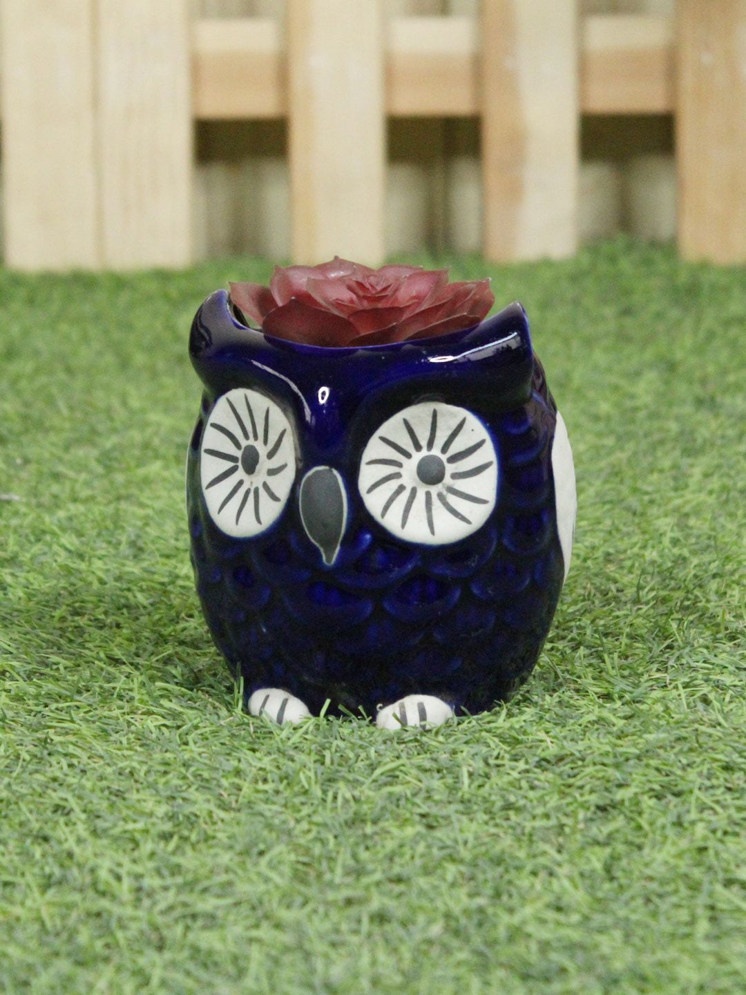 Wonderland Blue & Off-White Textured Owl Ceramic Planter Price in India