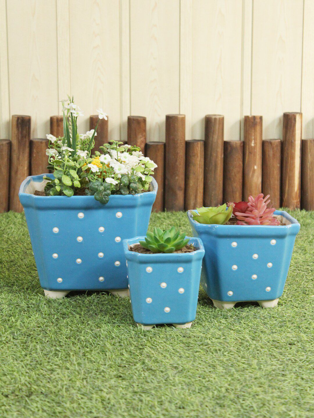 Wonderland Blue Set of 3 Printed Conical Ceramic Flower Pots Price in India
