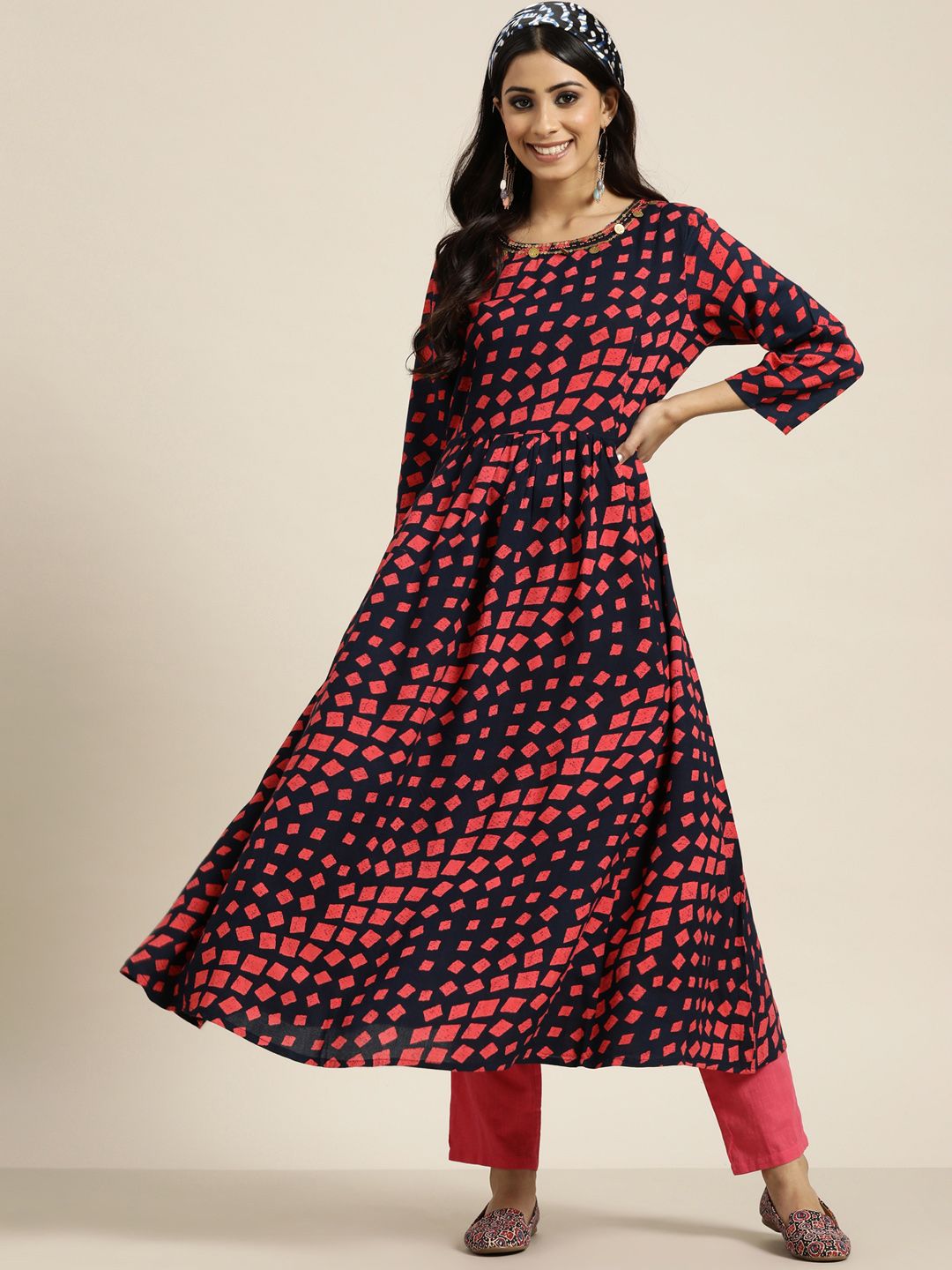 Sangria Navy Blue & Red Geometric Printed Sequinned Pure Cotton Sequinned Kurta Price in India