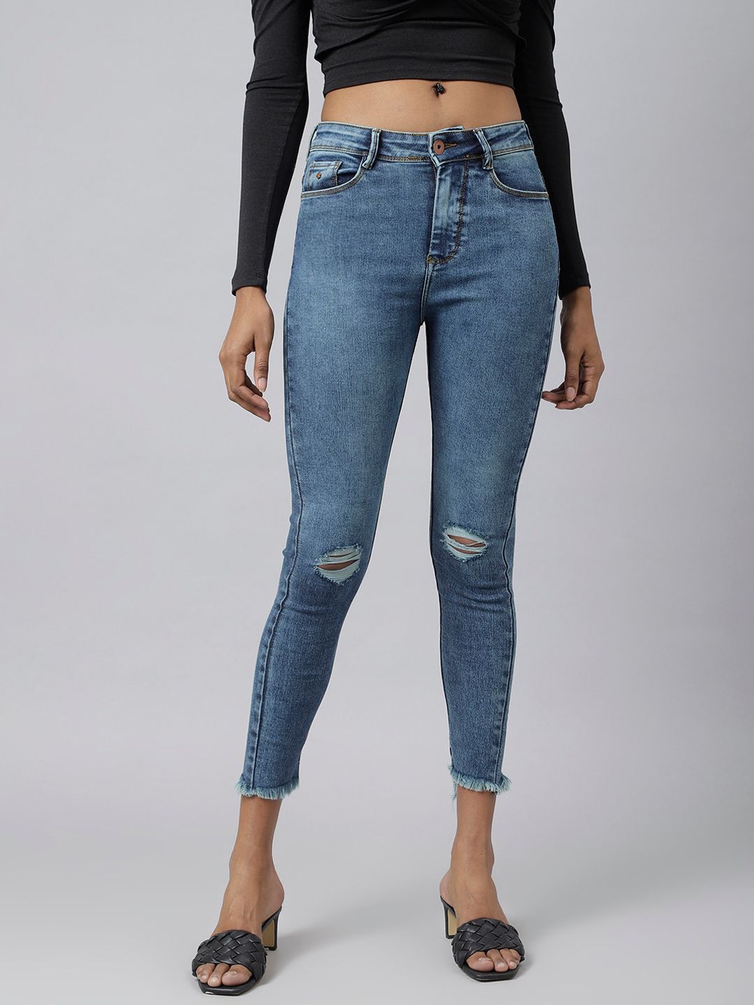 Code 61 Women Blue Skinny Fit High-Rise Mildly Distressed Light Fade Stretchable Jeans Price in India