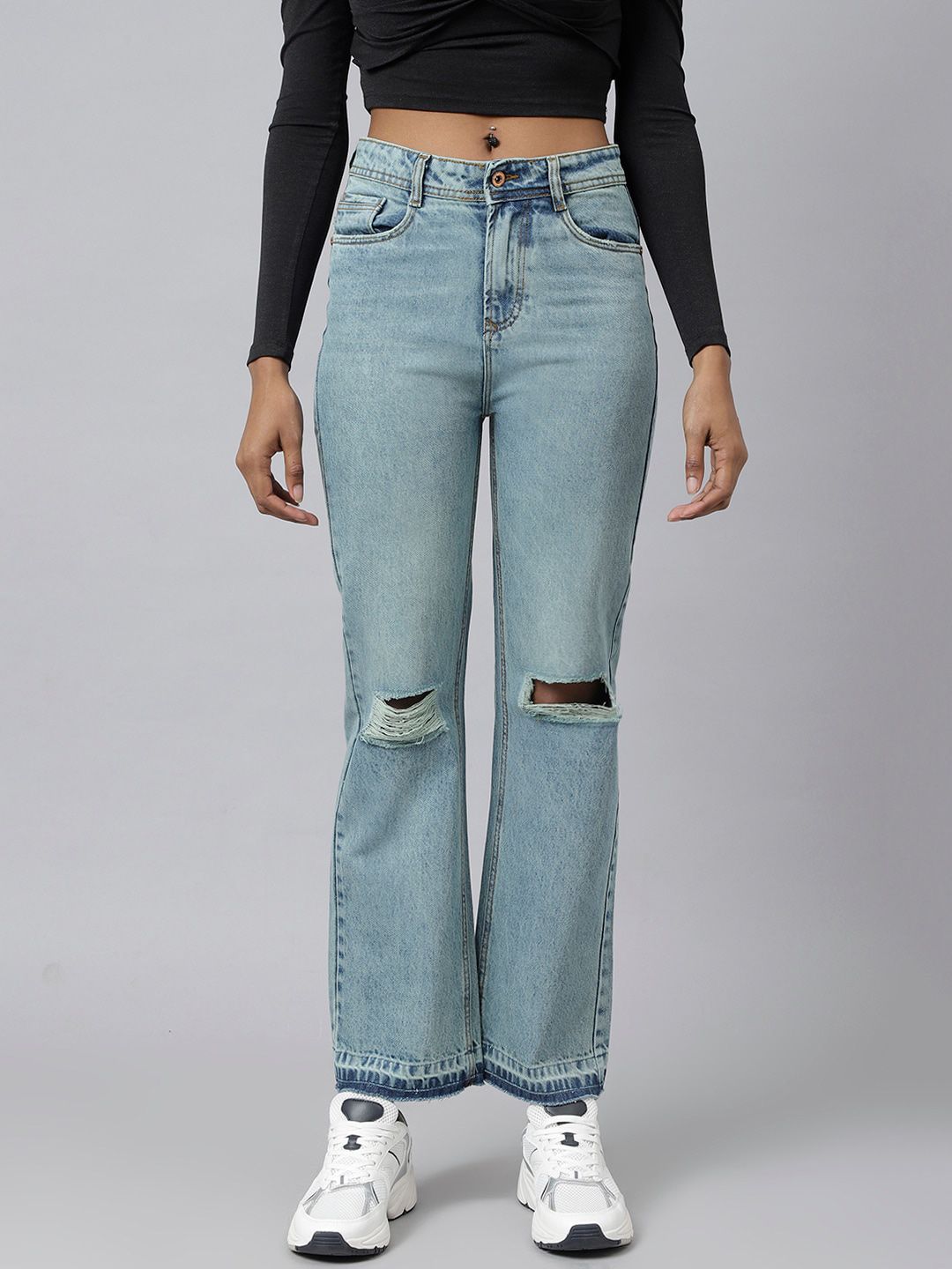 Code 61 Women Blue Wide Leg High-Rise Slash Knee Light Fade Jeans Price in India