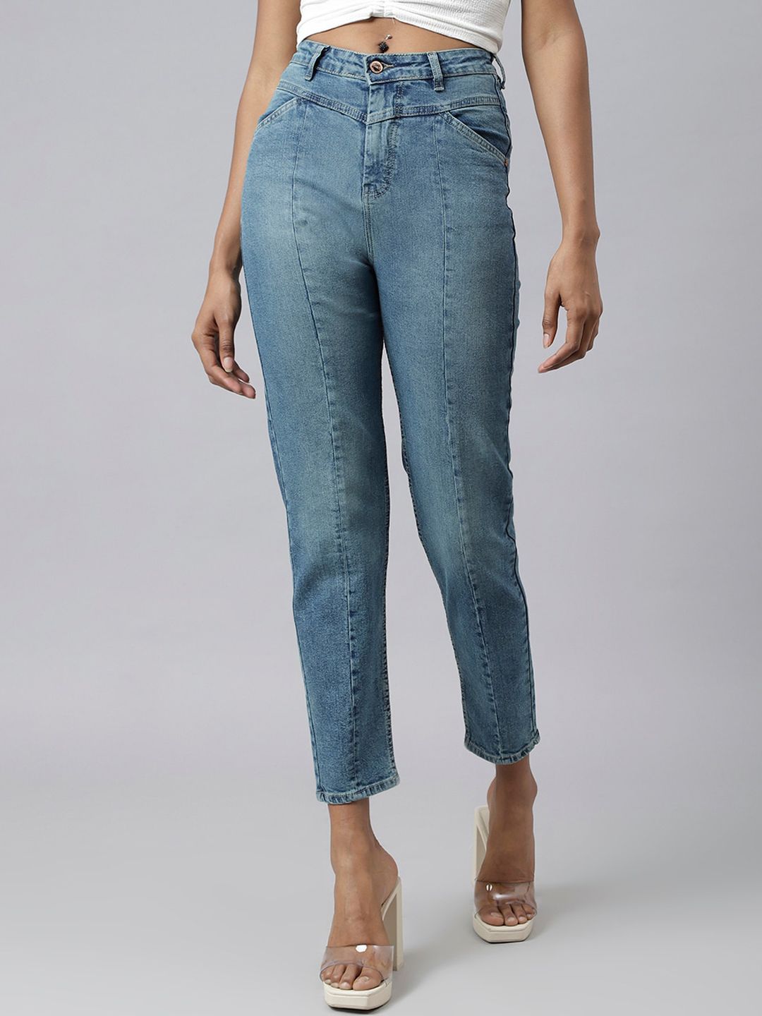 Code 61 Women Blue Relaxed Fit High-Rise Light Fade Bleached Stretchable Jeans Price in India