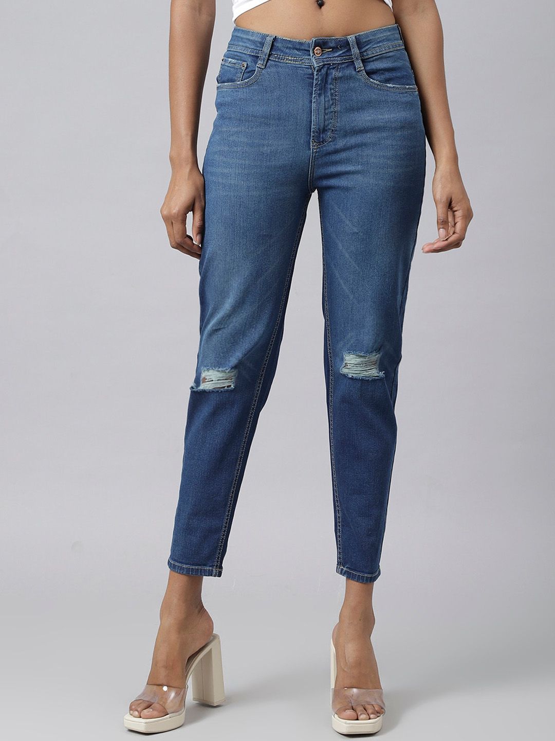 Code 61 Women Blue Relaxed Fit High-Rise Slash Knee Bleached Stretchable Jeans Price in India