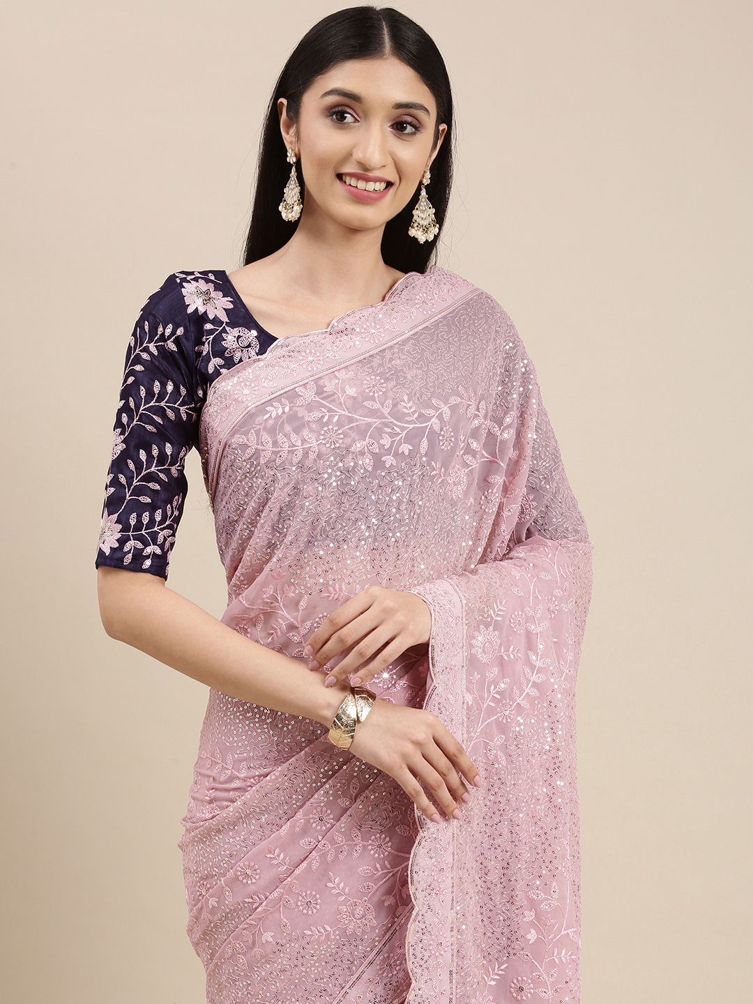 VAIRAGEE Pink Floral Sequinned Saree Price in India