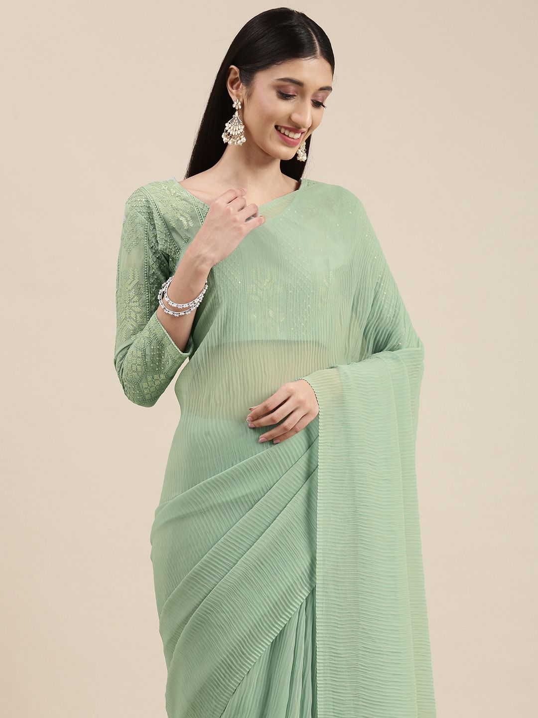 VAIRAGEE Sea Green Embroidered Accordion Pleated Saree Price in India