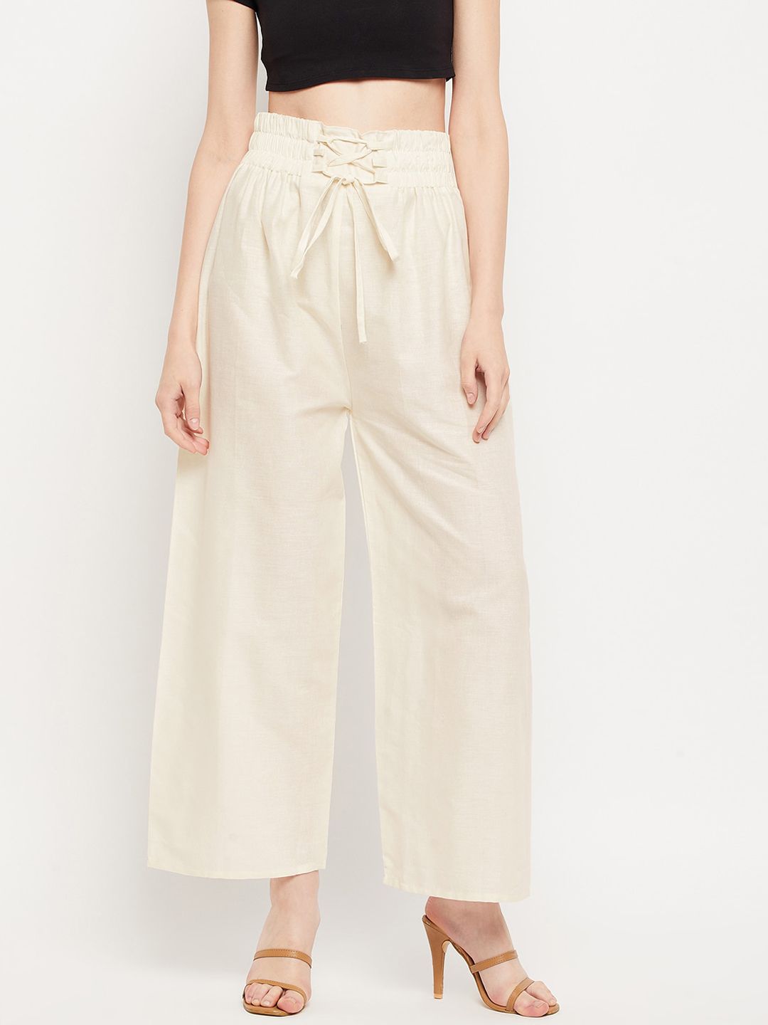 Clora Creation Women Cream-Coloured Smart Easy Wash Cotton Trousers Price in India