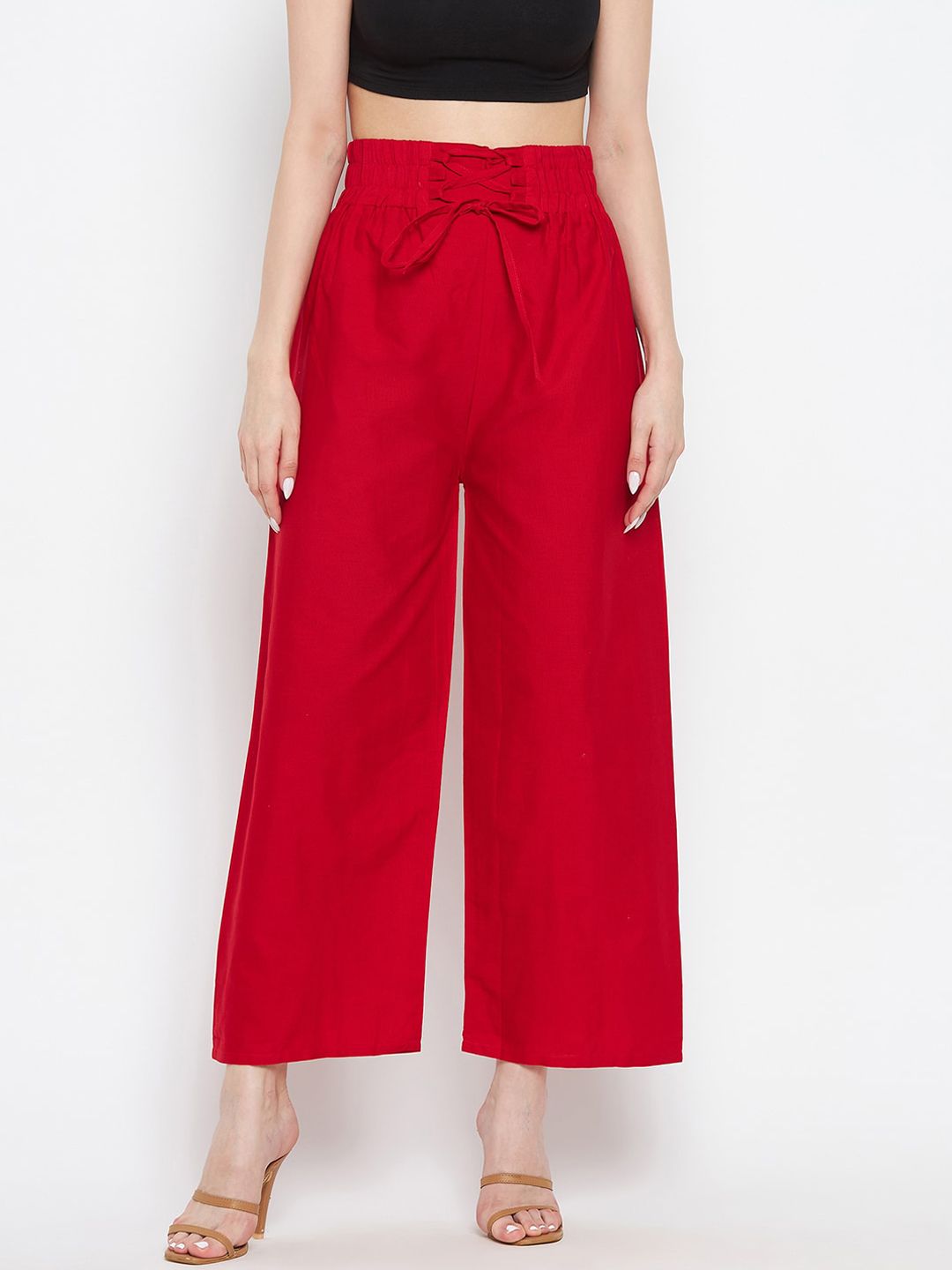 Clora Creation Women Red Solid Smart Easy Wash Cotton Trousers Price in India