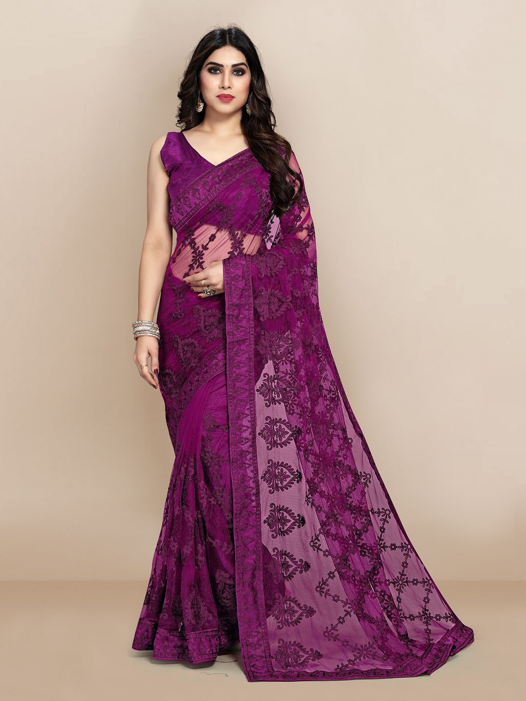 VAIRAGEE Purple Floral Embroidered Net Saree Price in India
