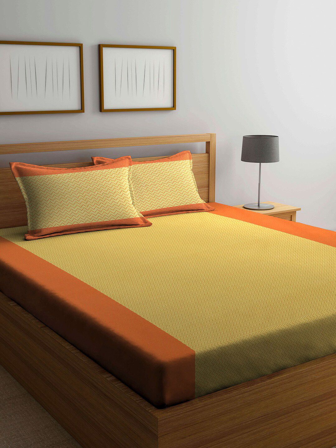 Arrabi Orange Geometric 300 TC King Bedsheet with 2 Pillow Covers Price in India