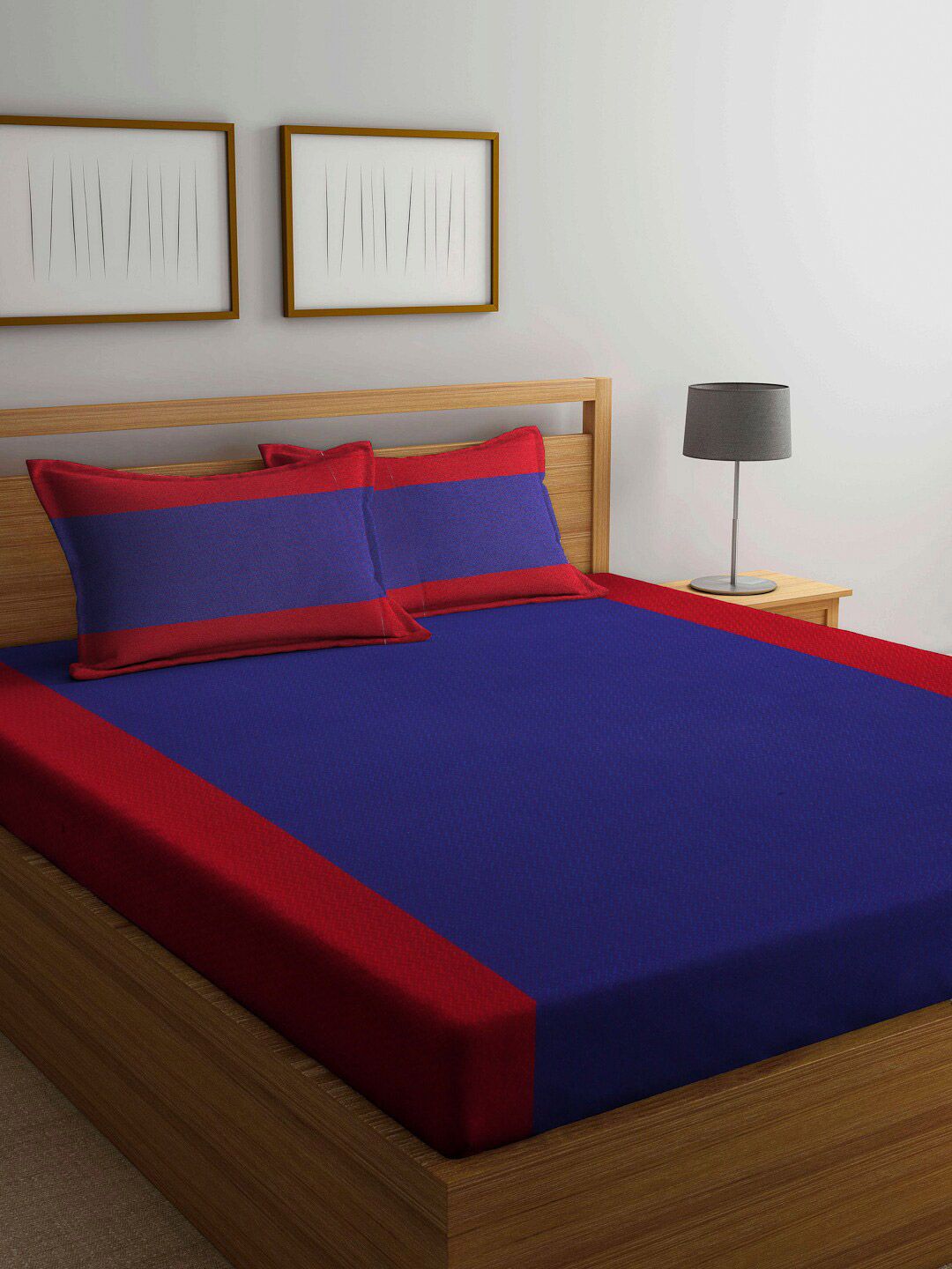 Arrabi Red & Blue Geometric 300 TC King Bedsheet with 2 Pillow Covers Price in India