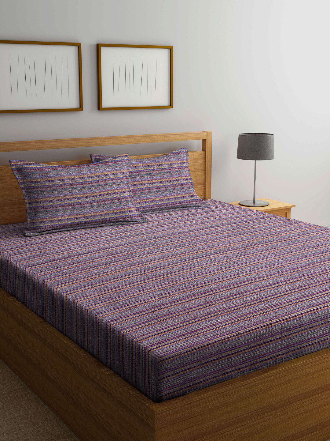 Arrabi Multicoloured Striped 300 TC King Bedsheet with 2 Pillow Covers Price in India