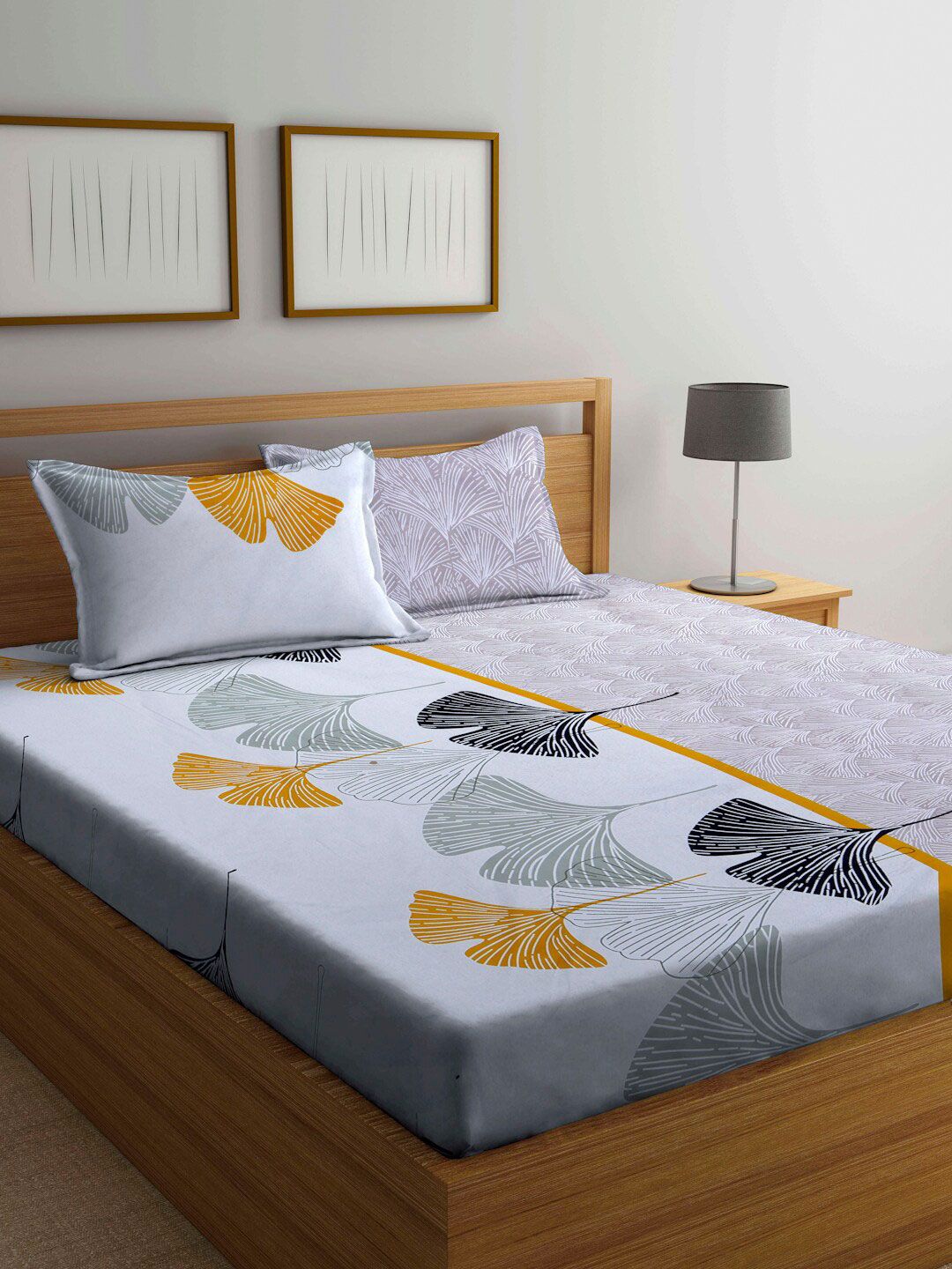 Arrabi Grey & Yellow Floral 300 TC Super King Bedsheet with 2 Pillow Covers Price in India