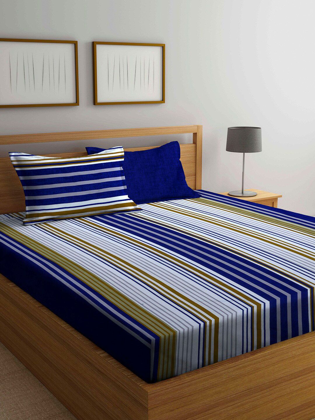 Arrabi Blue & Green Striped 300 TC Super King Bedsheet with 2 Pillow Covers Price in India