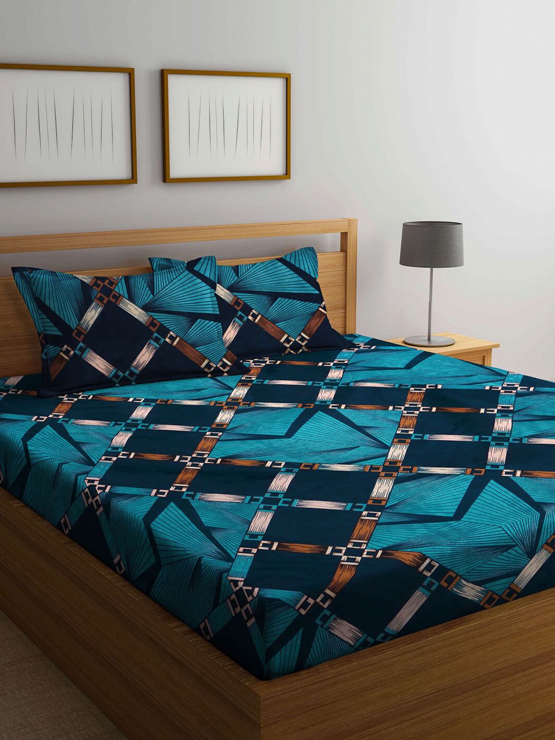 Arrabi Blue Geometric 300 TC King Bedsheet with 2 Pillow Covers Price in India