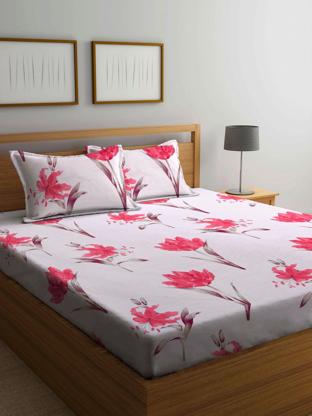 Arrabi Beige Floral 300 TC Super King Bedsheet with 2 Pillow Covers Price in India