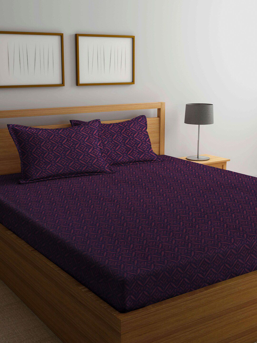 Arrabi Purple Floral 300 TC Super King Bedsheet with 2 Pillow Covers Price in India