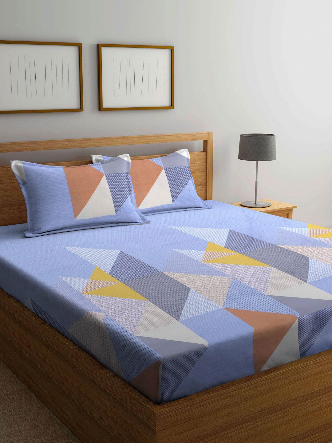 Arrabi Blue & Brown Geometric 300 TC Super King Bedsheet with 2 Pillow Covers Price in India