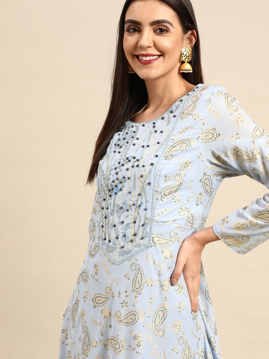 Anouk Blue Ethnic Motifs Printed Cotton Maxi Dress Price in India