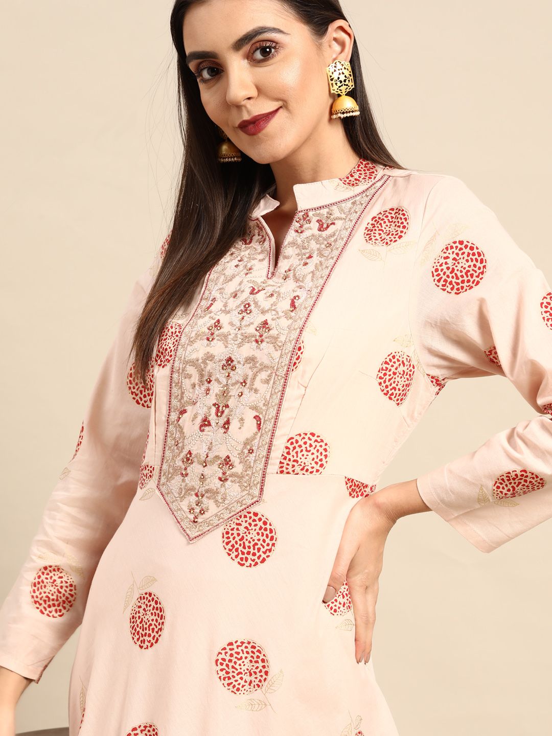 Anouk Peach-Coloured Ethnic Motifs Ethnic Cotton Maxi Dress Price in India