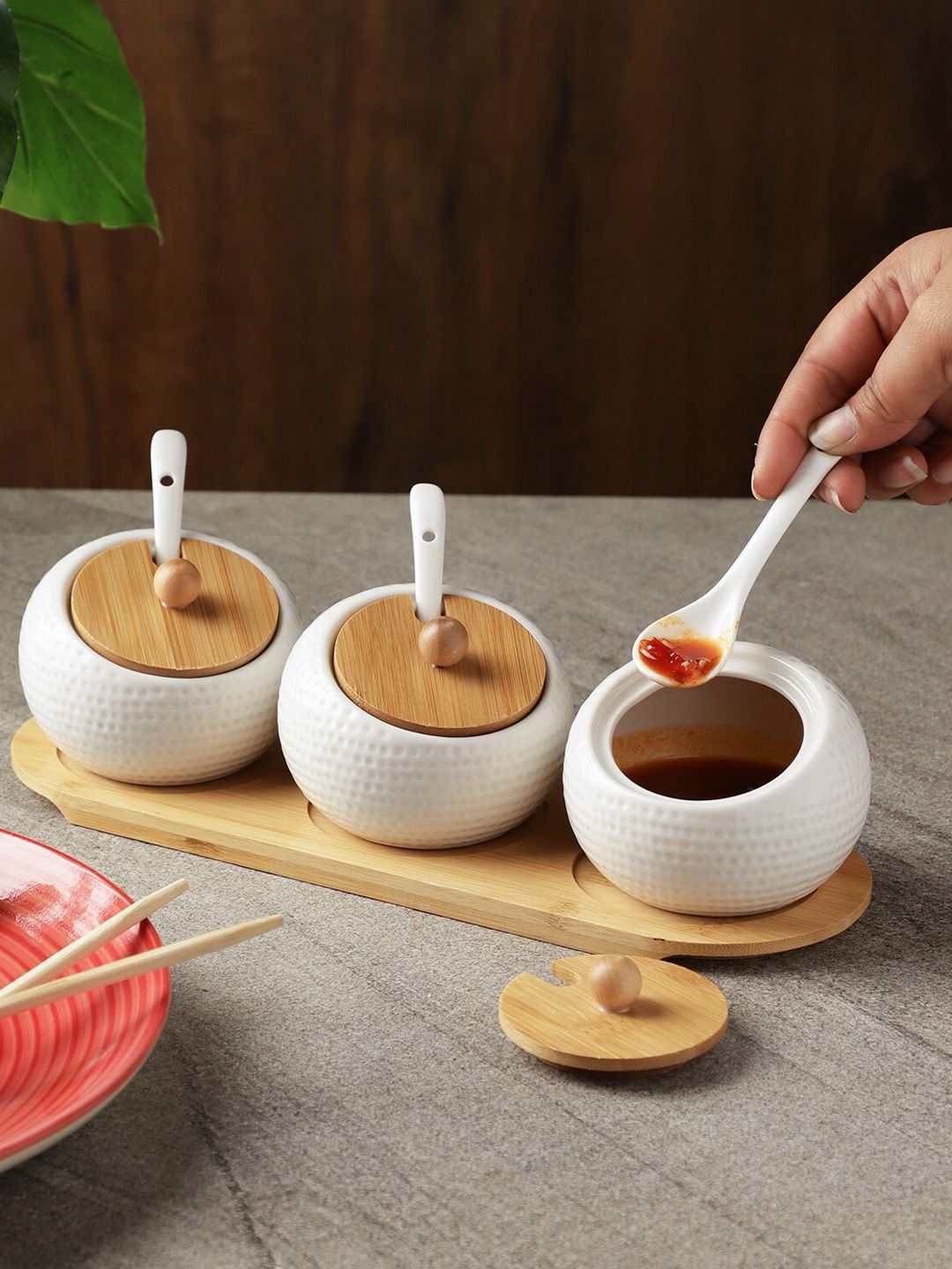 The Decor Mart White Ceramic Triple Condiment Jar & Spoon With Wooden Stand  Set Of 3 Price in India