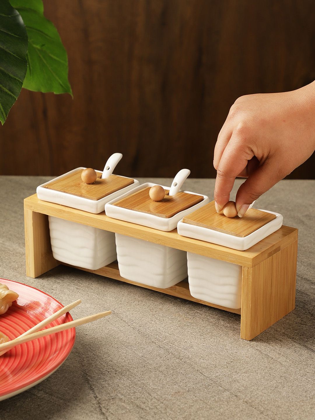 The Decor Mart White Solid Ceramic Triple Condiment Jar and spoon With Wooden Stand Price in India
