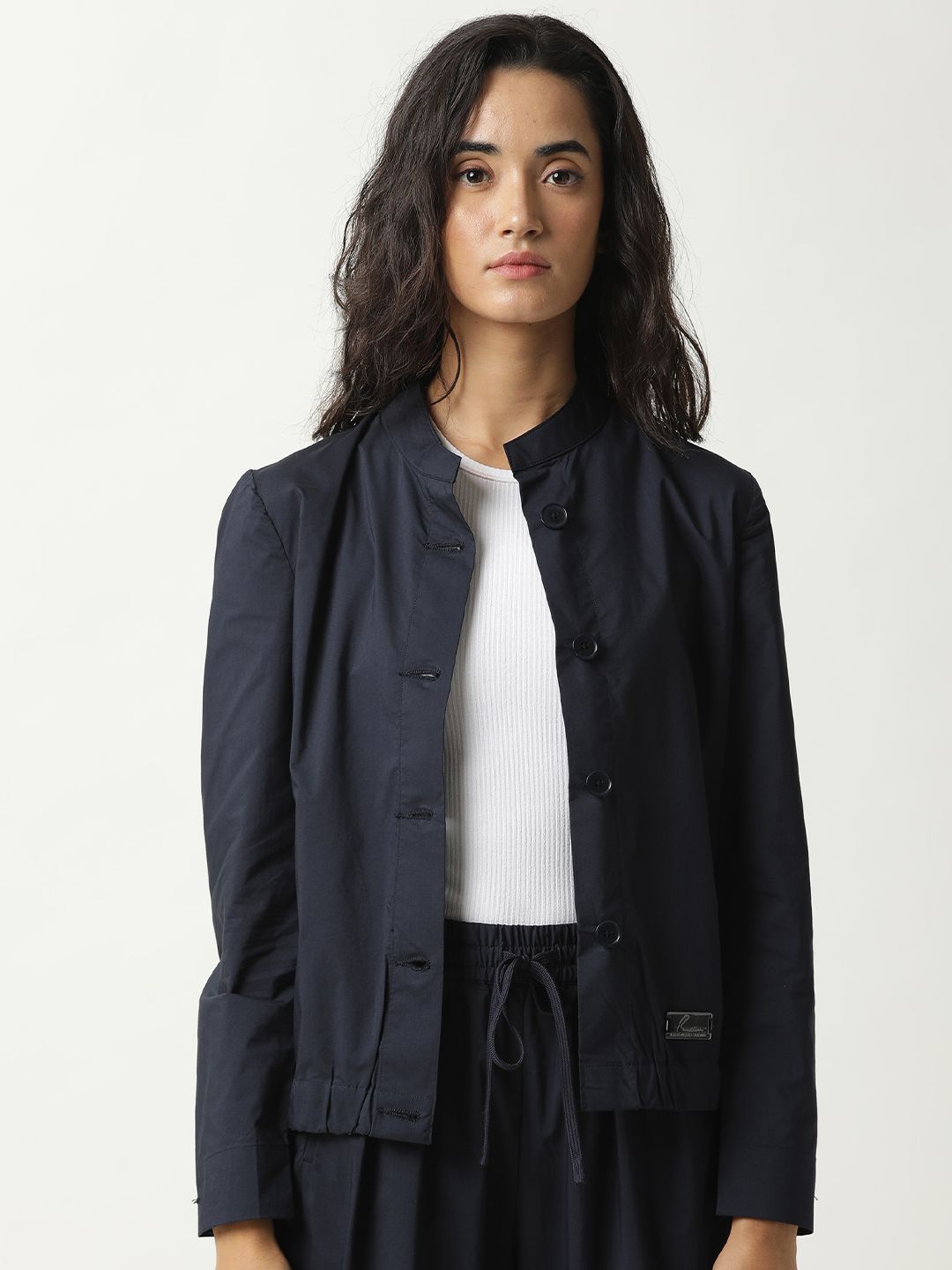 RAREISM Women Navy Blue Solid Tailored Jacket Price in India