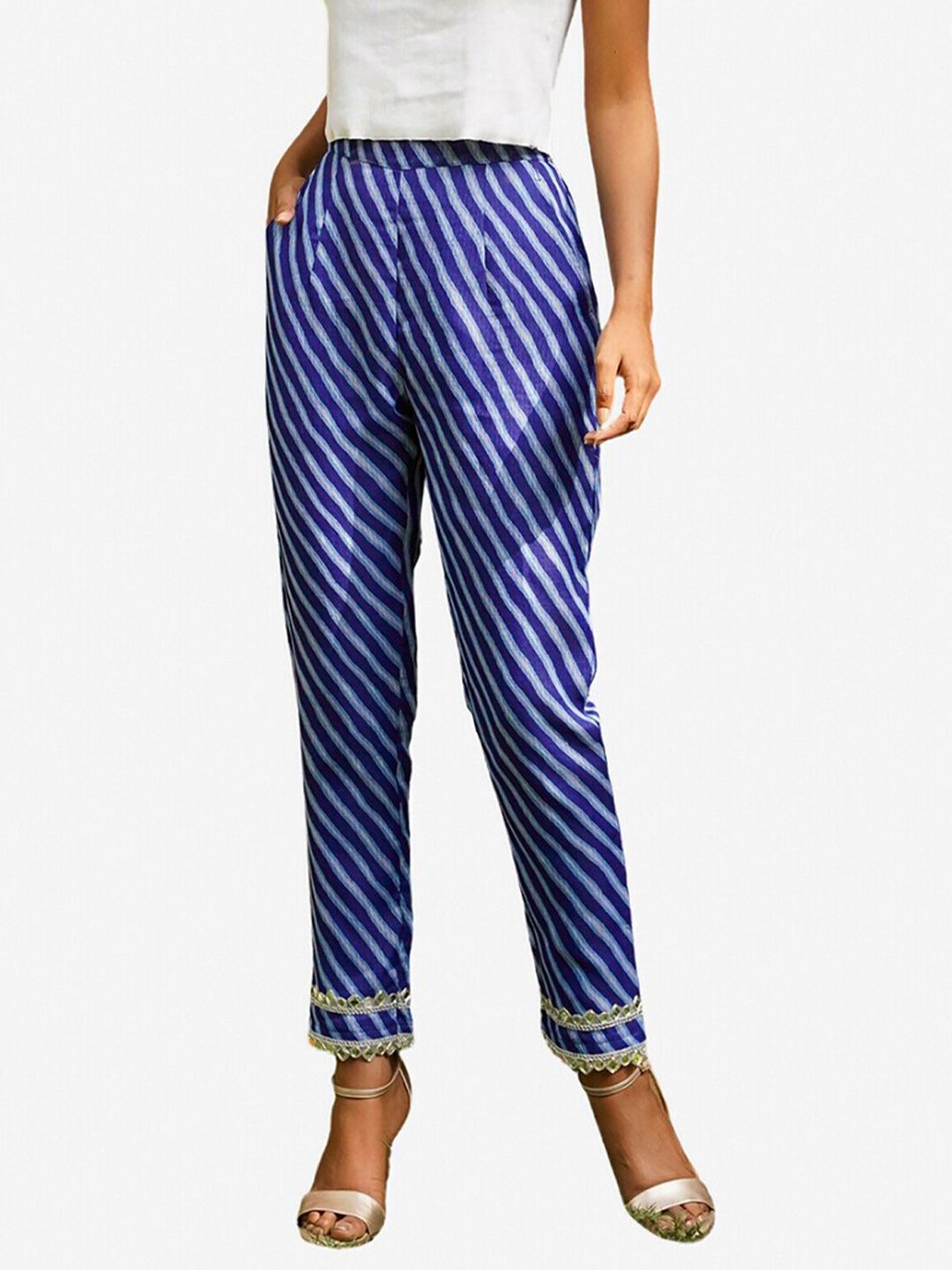 Alaya By Stage3 Women Blue & White Striped Trousers Price in India