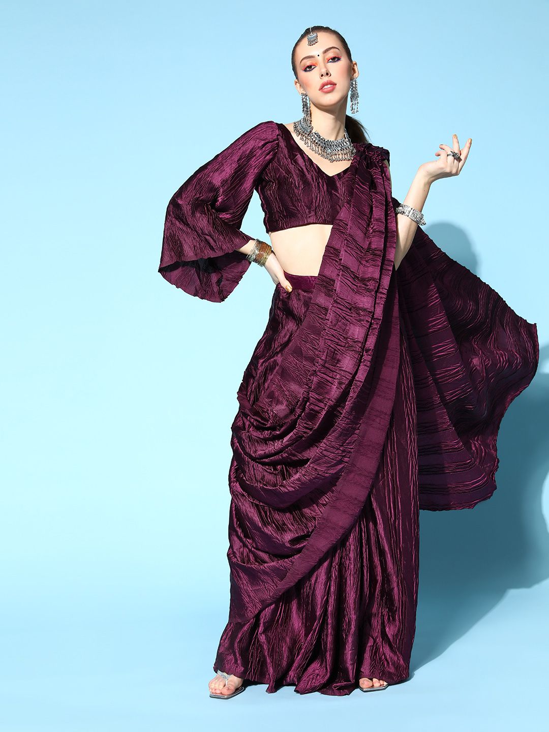 Tikhi Imli Burgundy Accordion Pleated Ready to Wear Saree