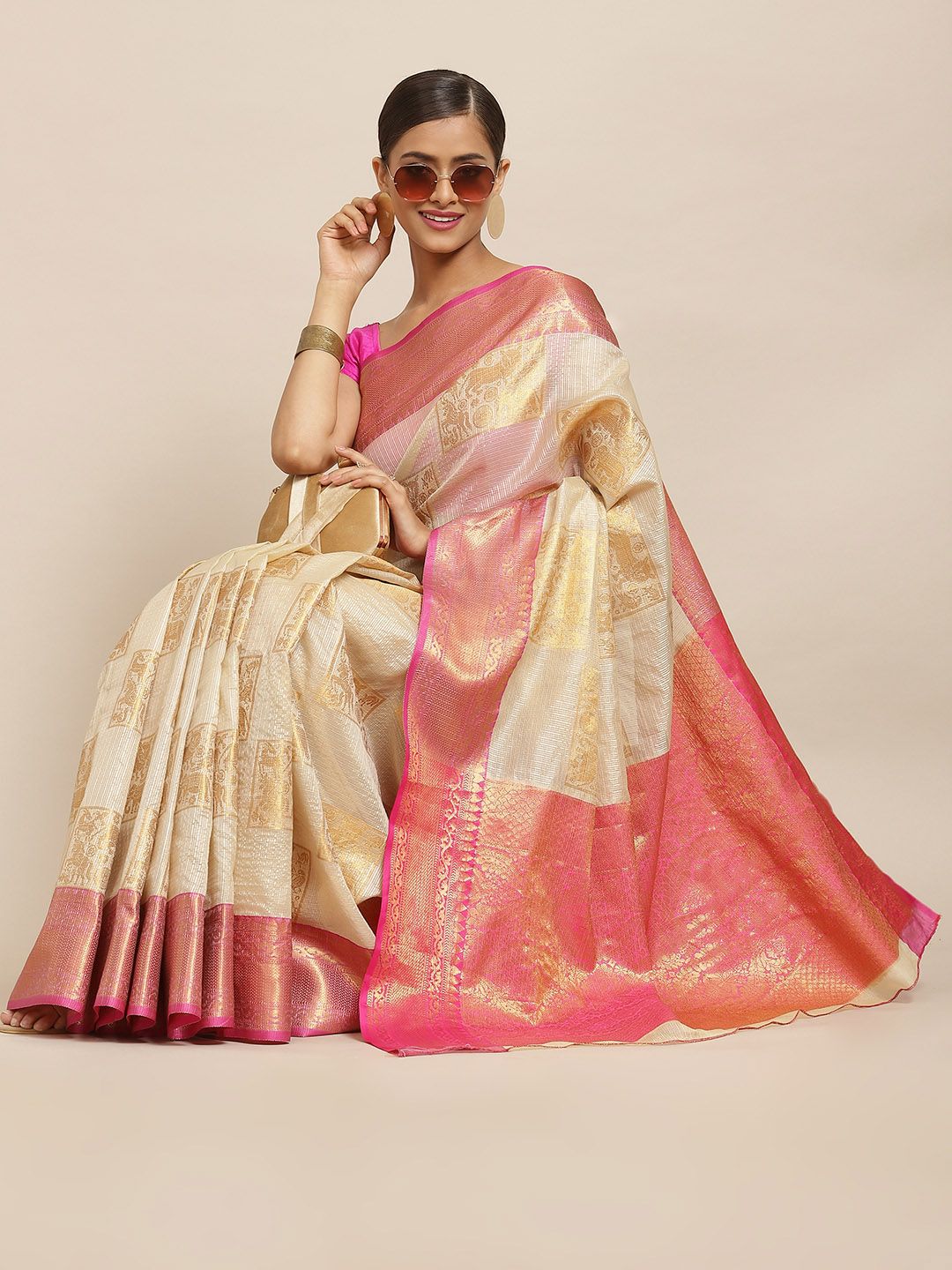 Silk Land Beige & Pink Woven Design Zari Jute Silk Tussar Saree