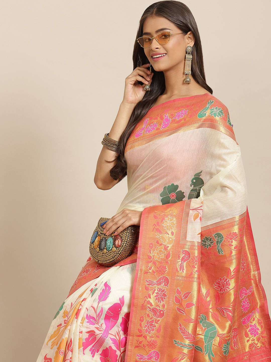 Silk Land Off White & Orange Floral Zari Pure Cotton Jamdani Saree