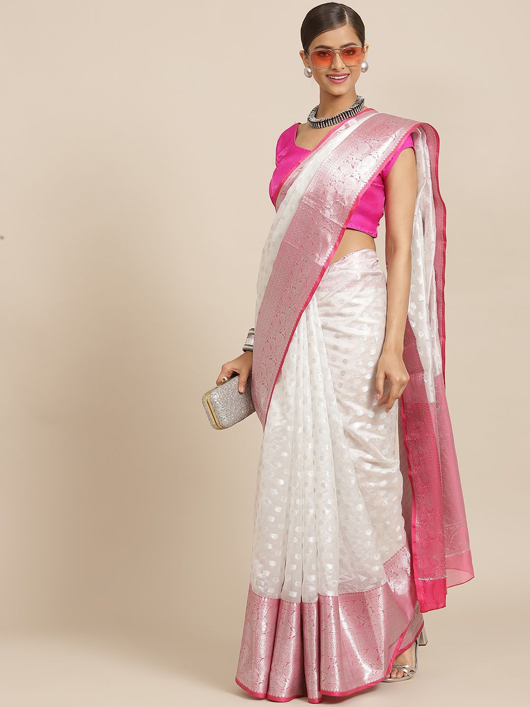 Silk Land White & Pink Ethnic Design Zari Pure Silk Kanjeevaram Saree Price in India