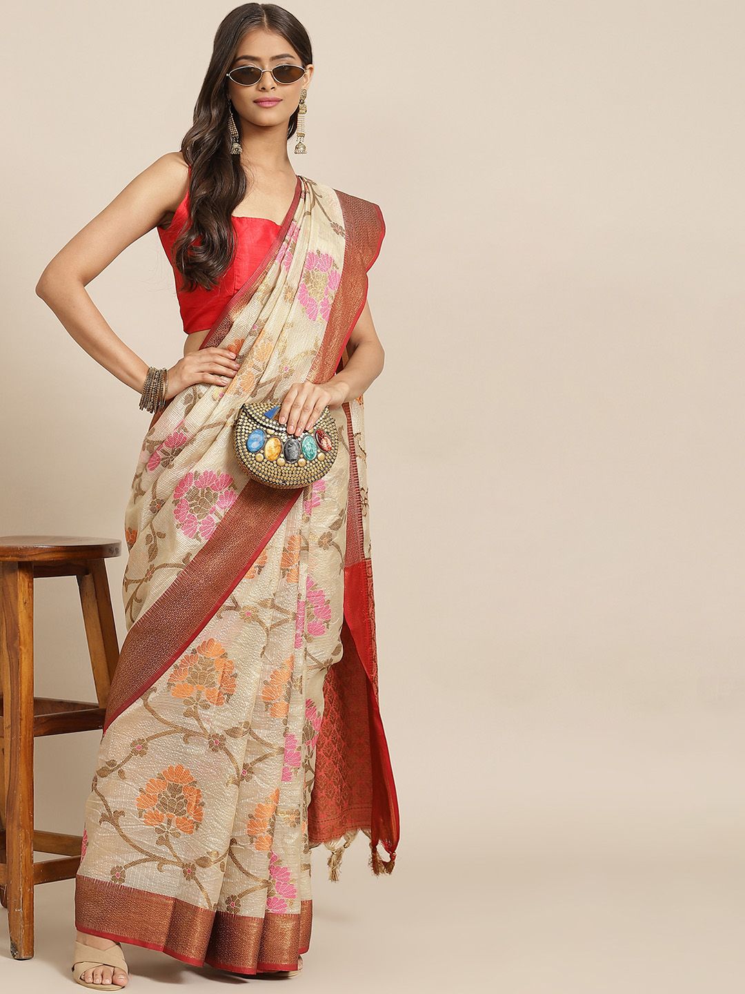 Silk Land Beige & Maroon Floral Woven Design Zari Jute Silk Tussar Saree Price in India