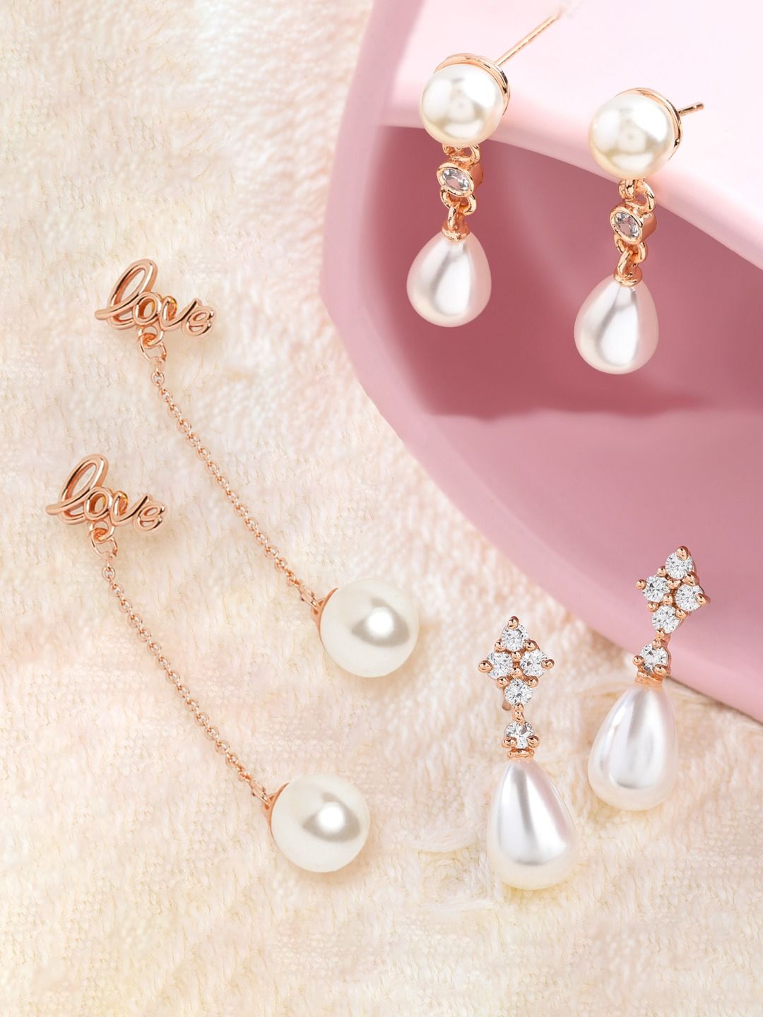 Zaveri Pearls Rose Gold Plated & White Contemporary Drop Earrings Price in India