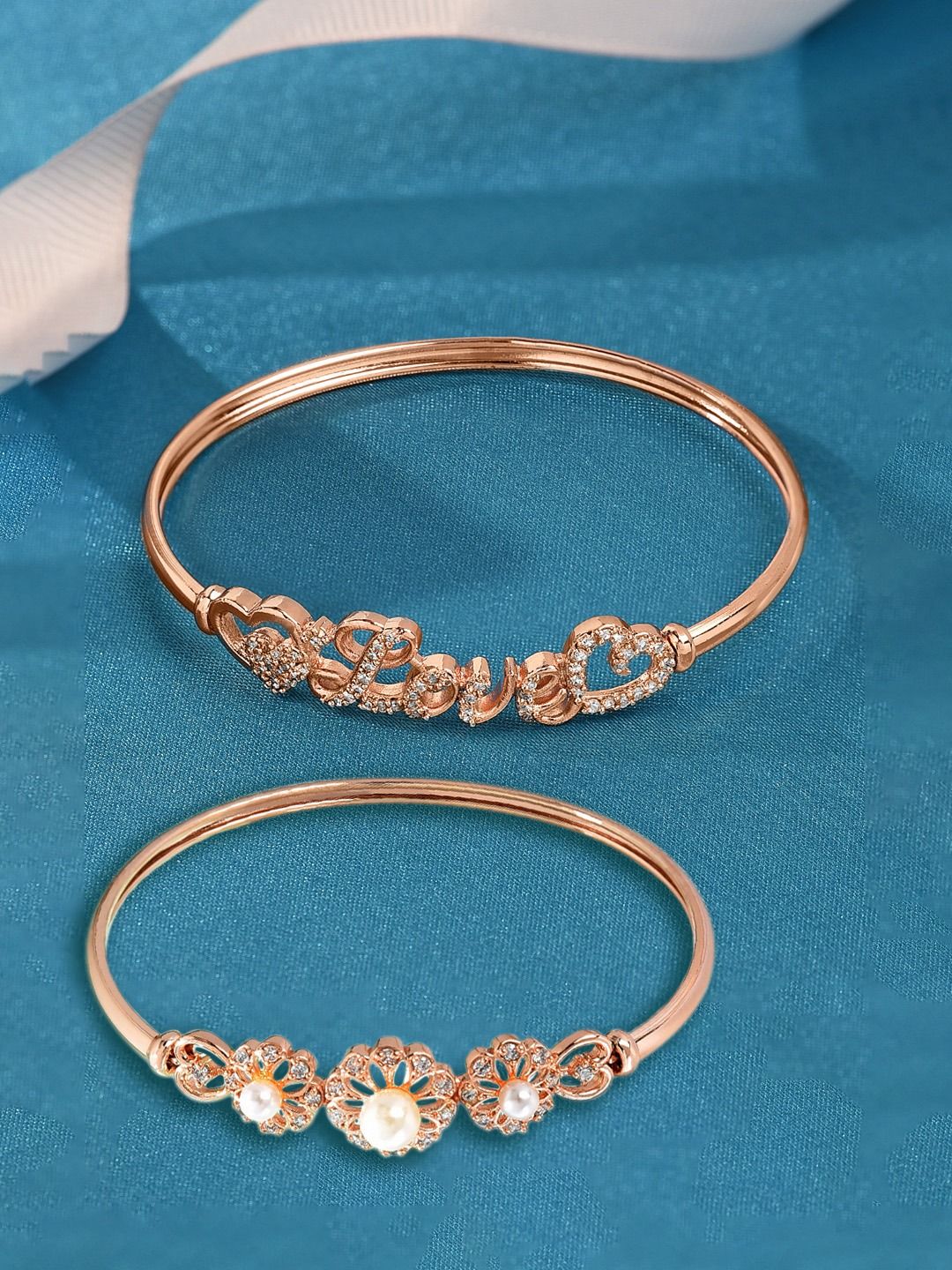 Zaveri Pearls Women Brass Cubic Zirconia Rose Gold-Plated Kada Bracelet Pack Of 2 Price in India