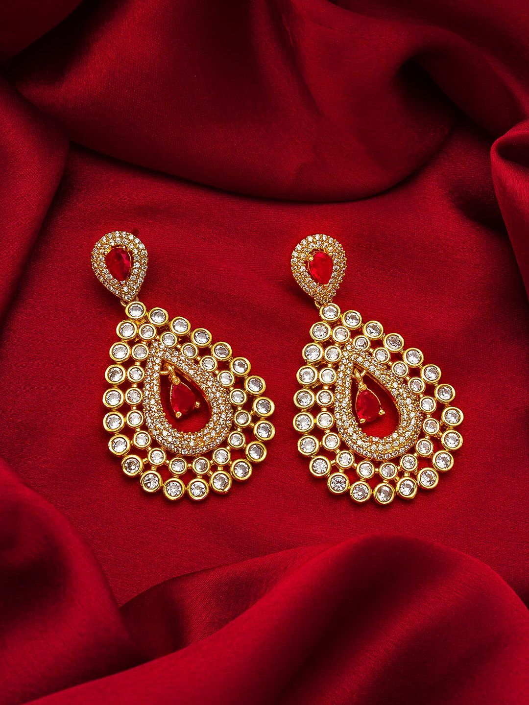 aadita Gold-Plated White & Red Stone Studded Drop Earrings Price in India