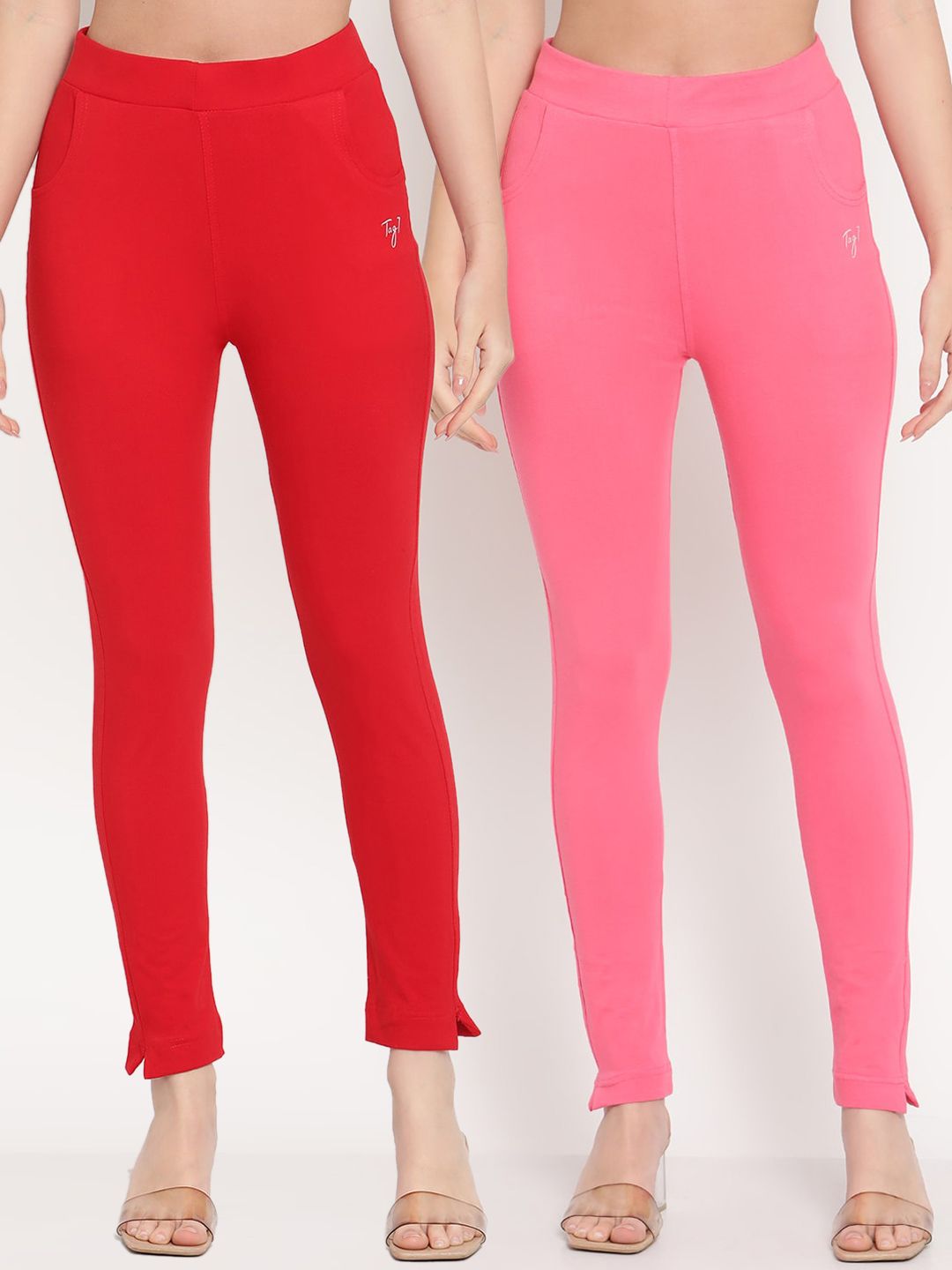 TAG 7 Women Set of 2 Pink & Red Ankle Length Leggings Price in India