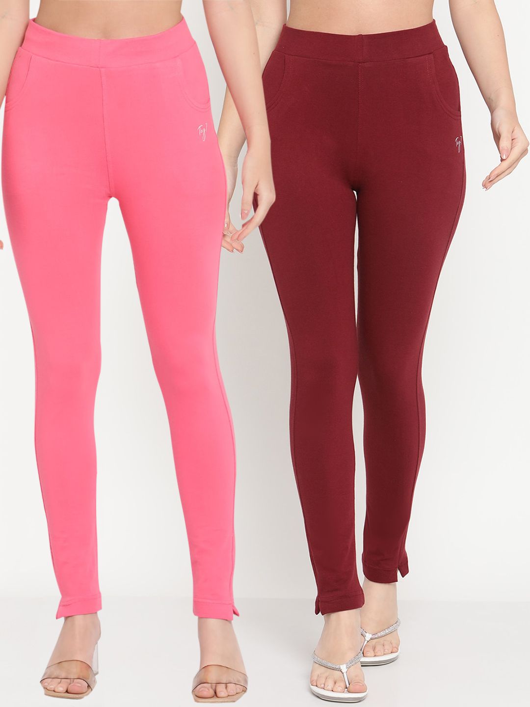 TAG 7 Women Maroon & Pink Set of 2 Solid Ankle Length Cotton Leggings Price in India