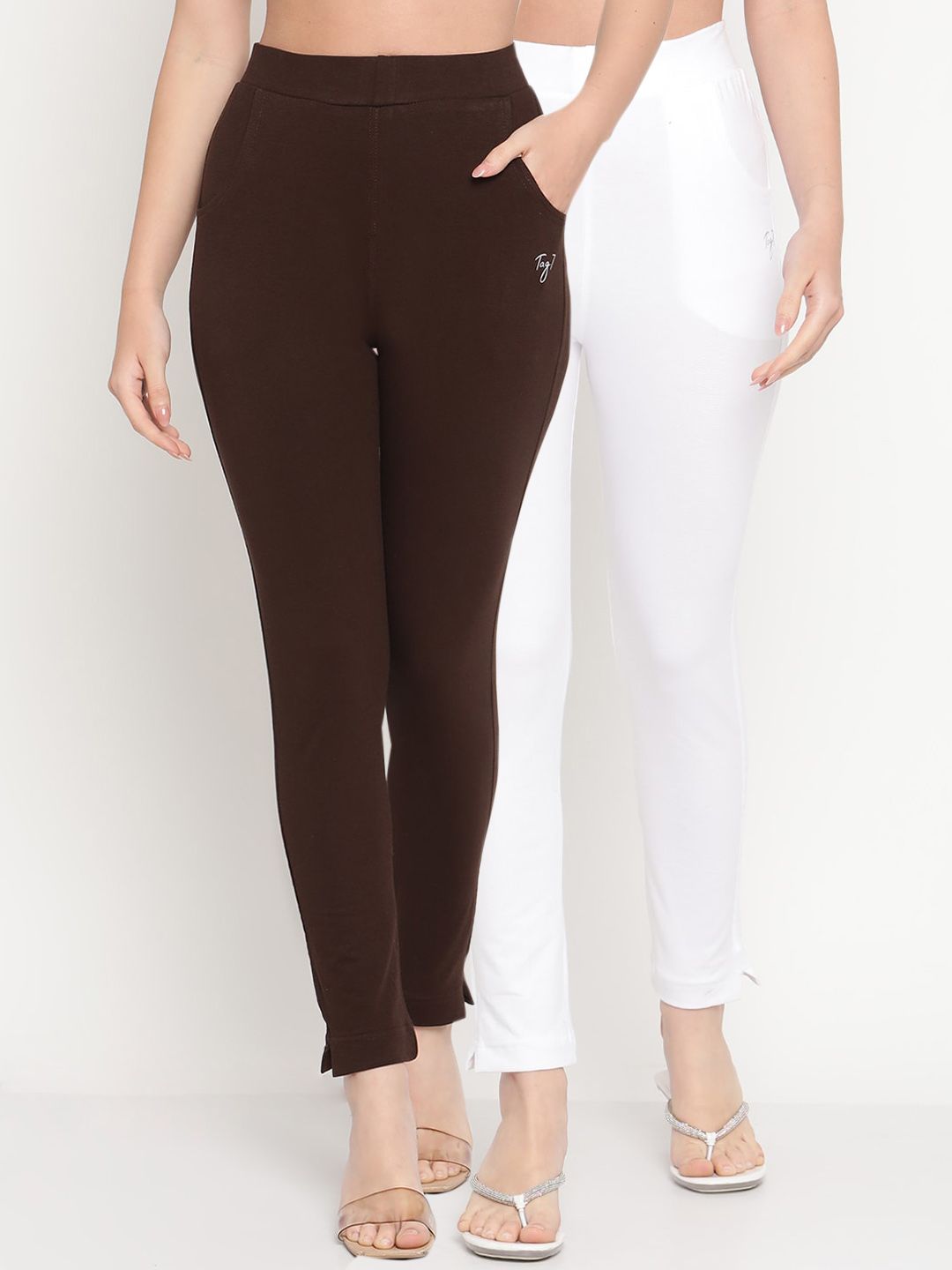 TAG 7 Women Pack of 2 Brown & White Solid Kurti Pants Price in India