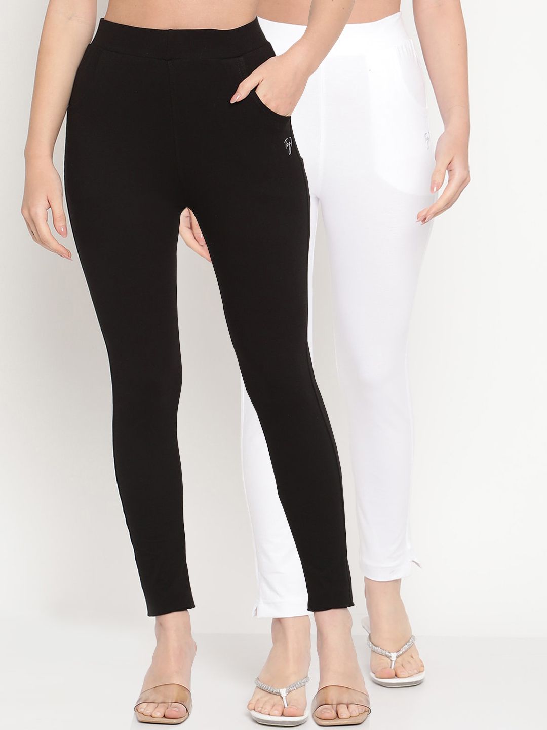 TAG 7 Women Black & White Pack of 2 Straight Fit Ankle-Length Leggings Price in India