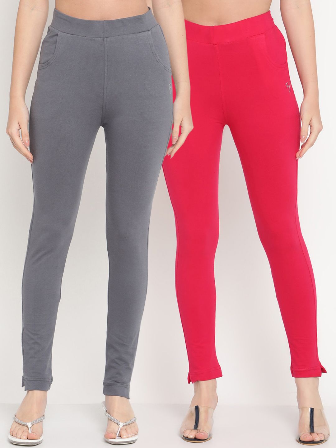 TAG 7 Set Of 2 Grey & Fuchsia Solid Leggings Price in India