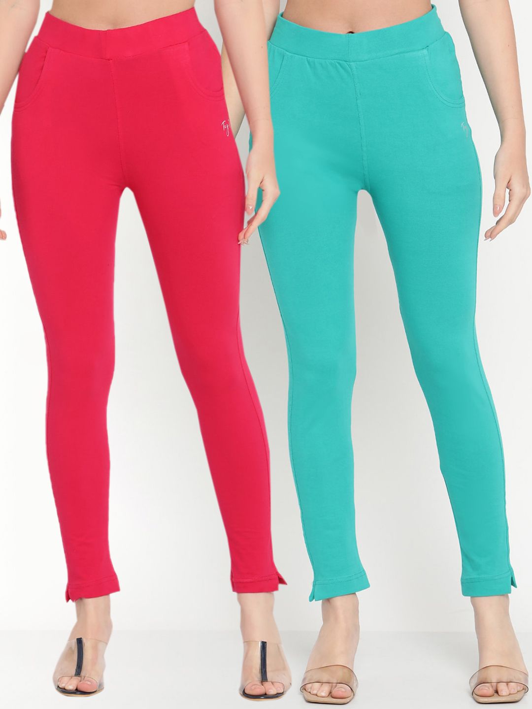 TAG 7 Set Of 2 Fuchsia & Turquoise Blue Solid Leggings Price in India