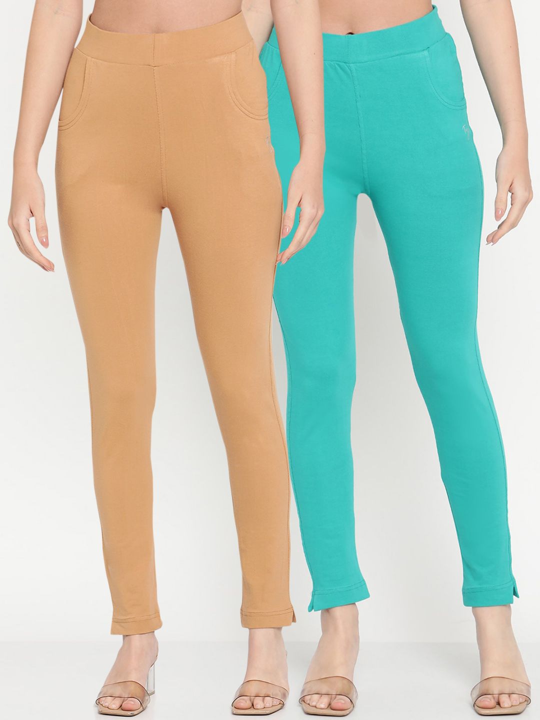 TAG 7 Women Turquoise Blue & Beige Ankle-Length Leggings Pack of 2 Price in India